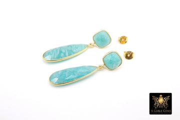 Amazonite Stud Earrings, Aqua Blue Gold Over 925 Silver Teardrop Gemstone, Dangle Earring Jewelry, Miami, Jacksonville Jaguars